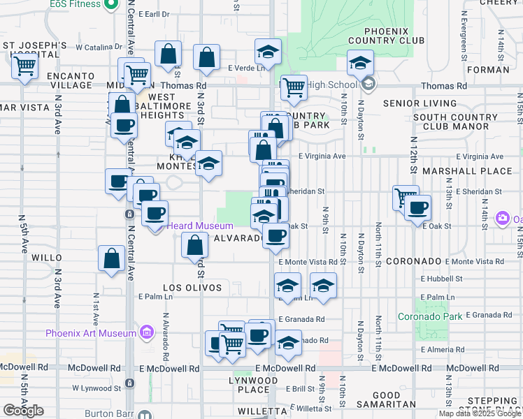 map of restaurants, bars, coffee shops, grocery stores, and more near 375 E Sheridan St in Phoenix