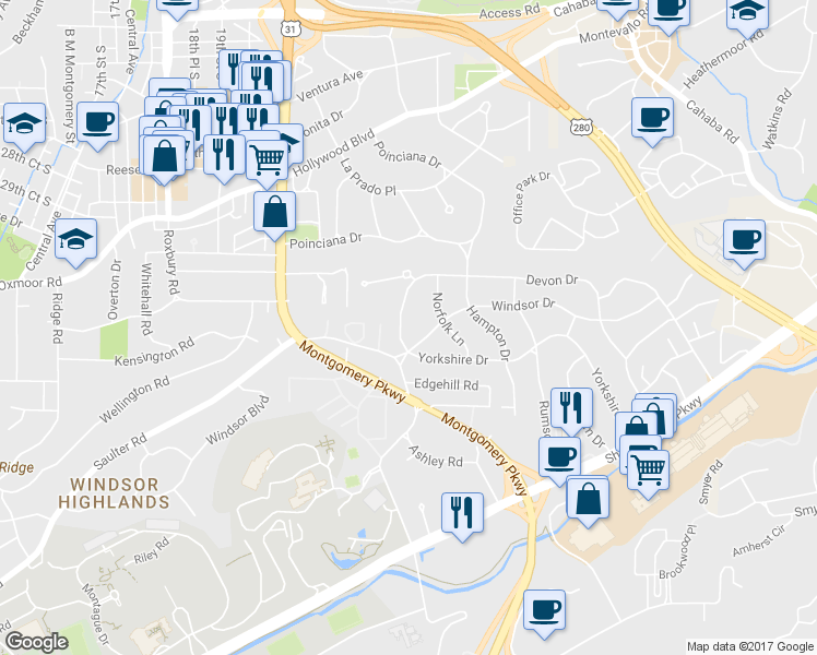 map of restaurants, bars, coffee shops, grocery stores, and more near 109 Devon Drive in Birmingham