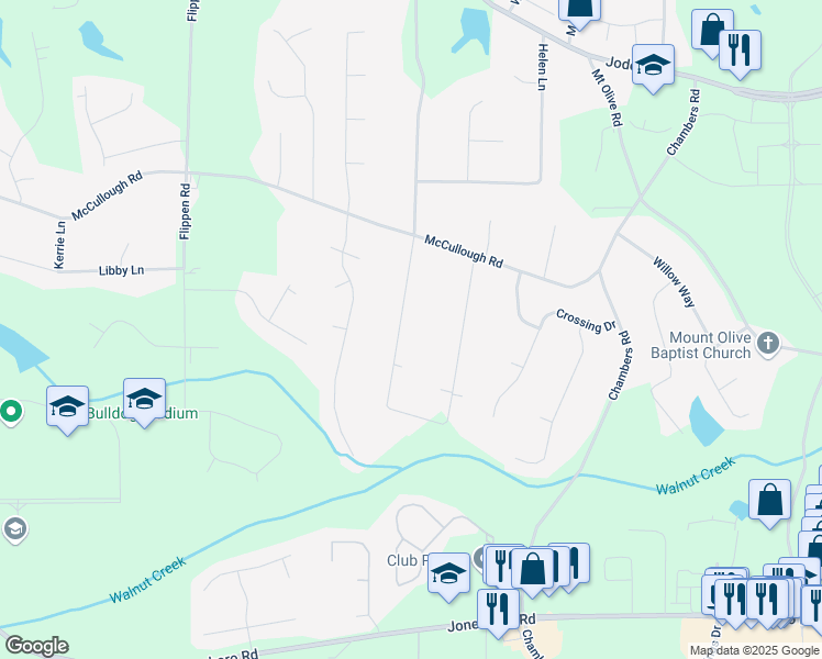 map of restaurants, bars, coffee shops, grocery stores, and more near 215 Southmoor Circle in Stockbridge