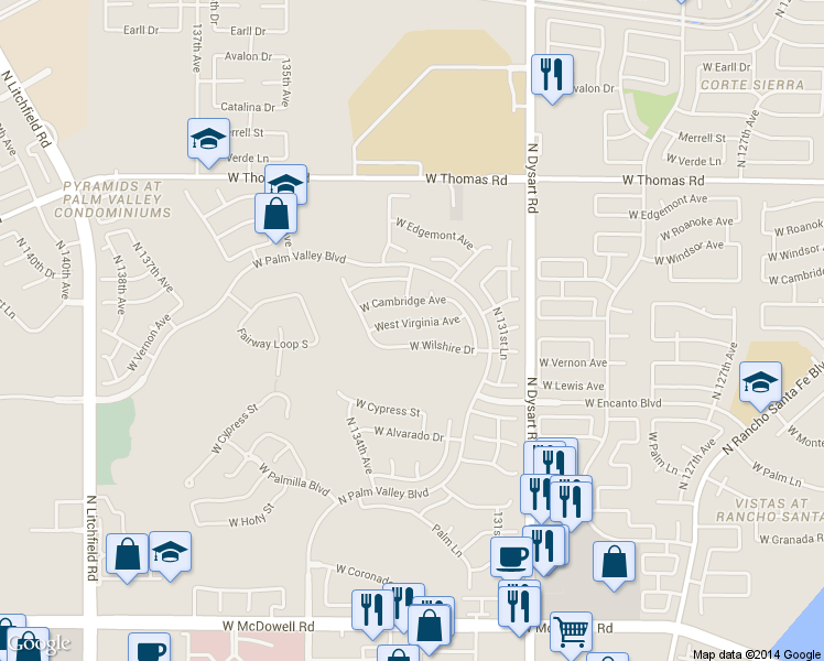 map of restaurants, bars, coffee shops, grocery stores, and more near 13307 West Virginia Avenue in Goodyear
