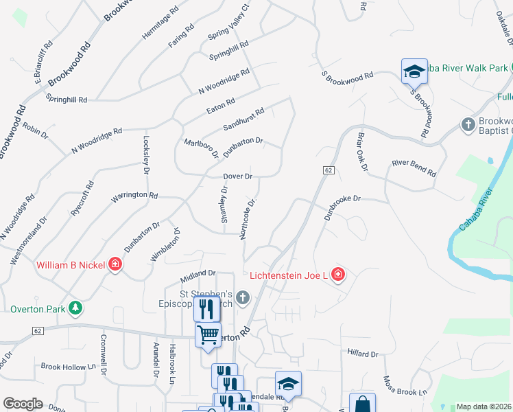 map of restaurants, bars, coffee shops, grocery stores, and more near 3649 Northcote Drive in Birmingham