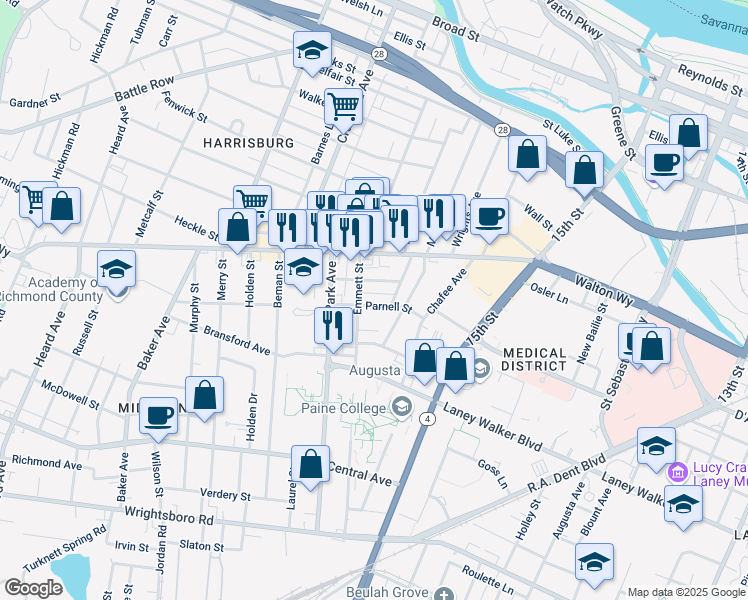 map of restaurants, bars, coffee shops, grocery stores, and more near 1611 Parnell Street in Augusta