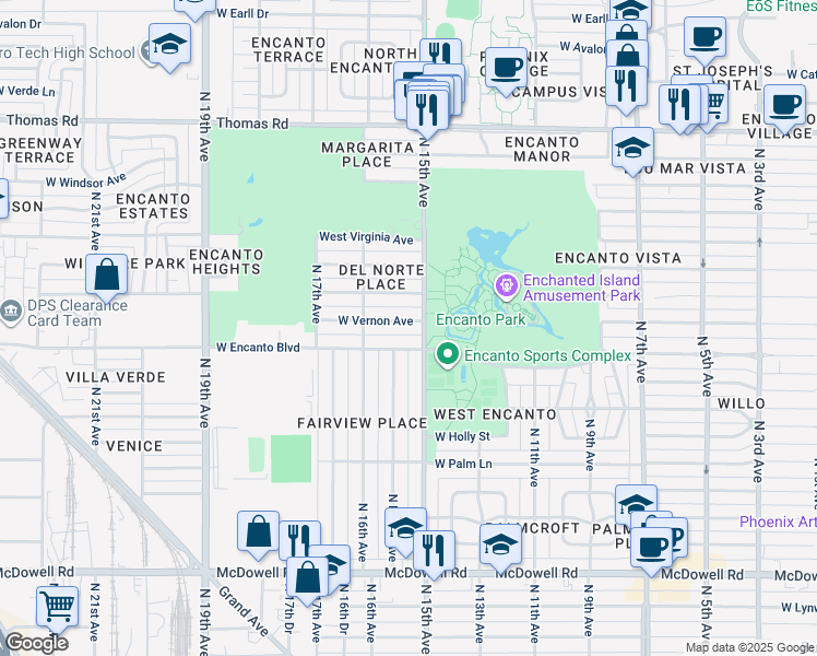 map of restaurants, bars, coffee shops, grocery stores, and more near 1511 West Vernon Avenue in Phoenix