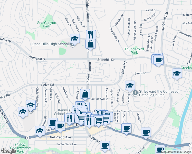 map of restaurants, bars, coffee shops, grocery stores, and more near 24846 Wave Crest Lane in Dana Point