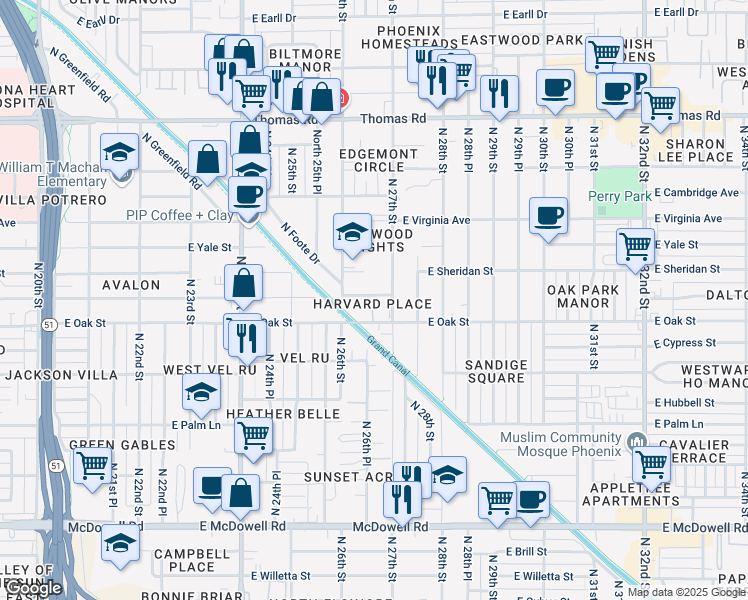 map of restaurants, bars, coffee shops, grocery stores, and more near 2635 East Harvard Street in Phoenix