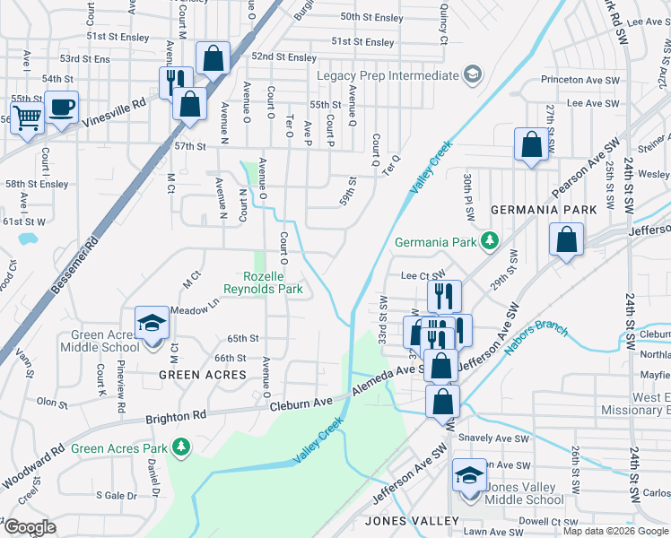 map of restaurants, bars, coffee shops, grocery stores, and more near 1560 Meadow Lane in Birmingham