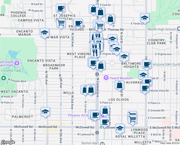 map of restaurants, bars, coffee shops, grocery stores, and more near 17 West Vernon Avenue in Phoenix