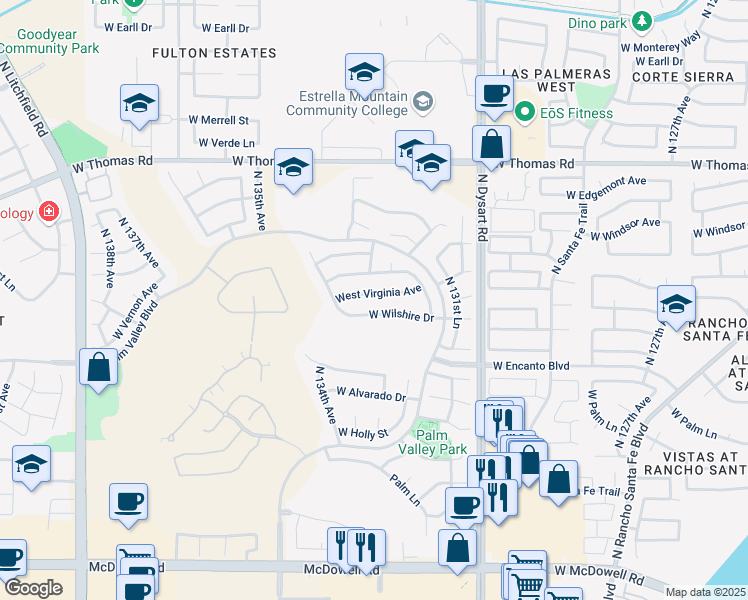 map of restaurants, bars, coffee shops, grocery stores, and more near 13307 West Virginia Avenue in Goodyear