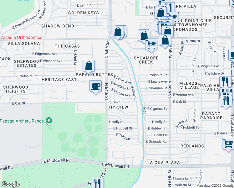map of restaurants, bars, coffee shops, grocery stores, and more near 6437 East Vernon Avenue in Scottsdale