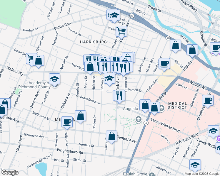 map of restaurants, bars, coffee shops, grocery stores, and more near 1740 Walton Way in Augusta