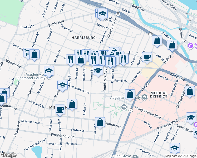 map of restaurants, bars, coffee shops, grocery stores, and more near 1740 Walton Way in Augusta