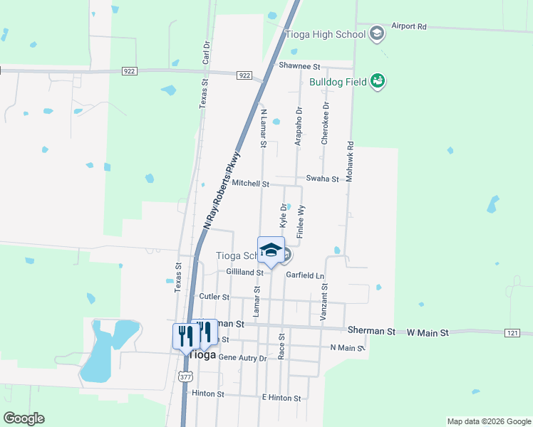 map of restaurants, bars, coffee shops, grocery stores, and more near 609 North Lamar Street in Tioga