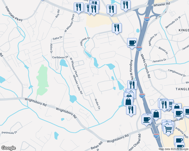 map of restaurants, bars, coffee shops, grocery stores, and more near 3030 Hillcreek Drive in Augusta