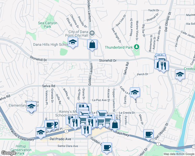 map of restaurants, bars, coffee shops, grocery stores, and more near 24846 Wave Crest Lane in Dana Point