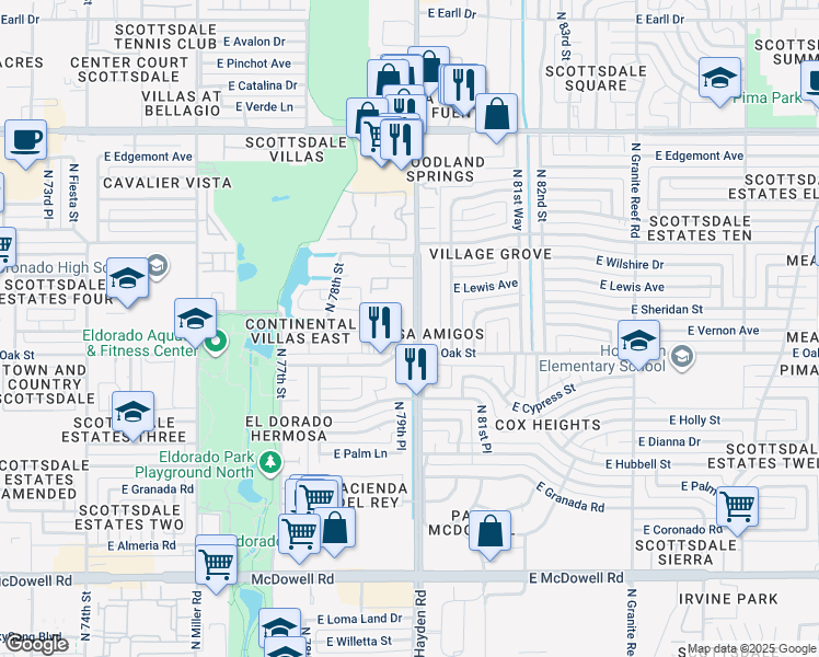 map of restaurants, bars, coffee shops, grocery stores, and more near 2318 North Hayden Road in Scottsdale