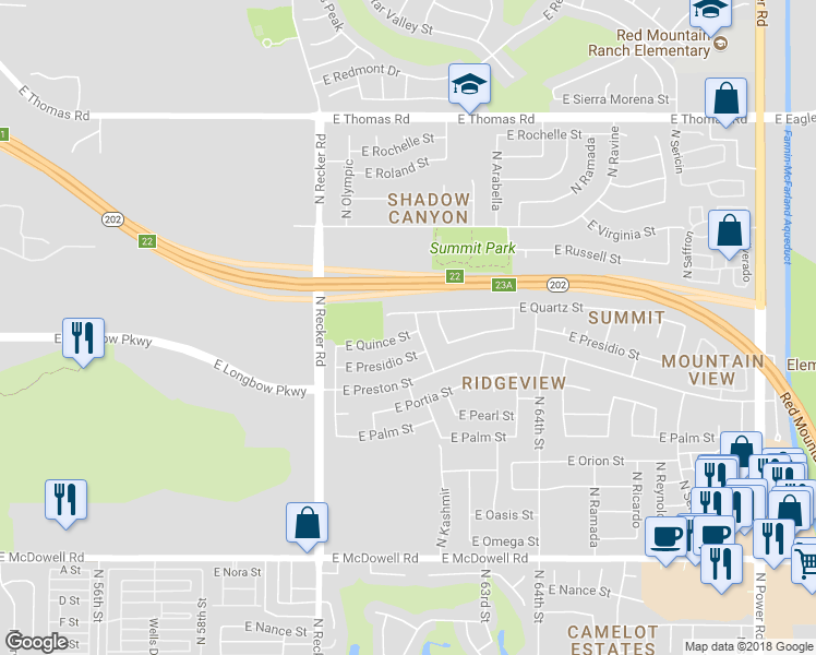 map of restaurants, bars, coffee shops, grocery stores, and more near 6160 East Quince Street in Mesa