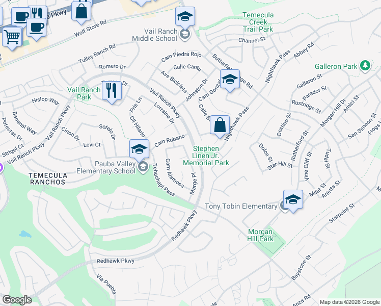 map of restaurants, bars, coffee shops, grocery stores, and more near 44828 Marge Place in Temecula