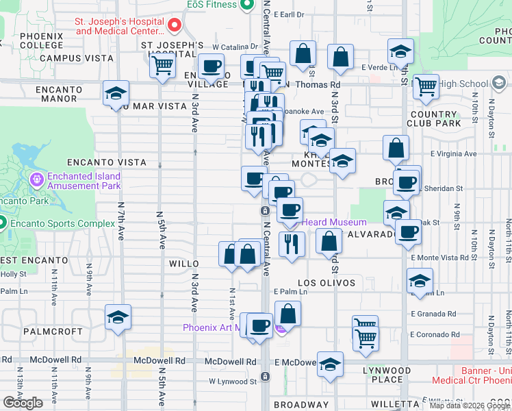 map of restaurants, bars, coffee shops, grocery stores, and more near 17 West Vernon Avenue in Phoenix