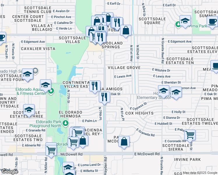 map of restaurants, bars, coffee shops, grocery stores, and more near 2318 North Hayden Road in Scottsdale