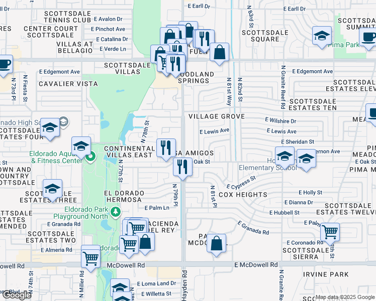 map of restaurants, bars, coffee shops, grocery stores, and more near 2318 North Hayden Road in Scottsdale