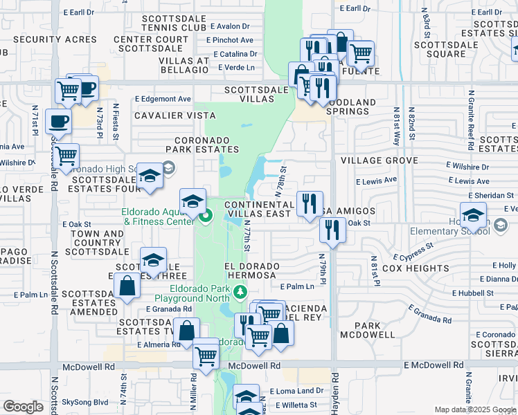 map of restaurants, bars, coffee shops, grocery stores, and more near 7715 East Vernon Avenue in Scottsdale