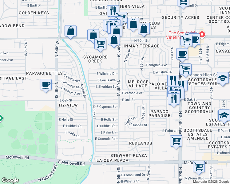 map of restaurants, bars, coffee shops, grocery stores, and more near 6726 East Vernon Avenue in Scottsdale