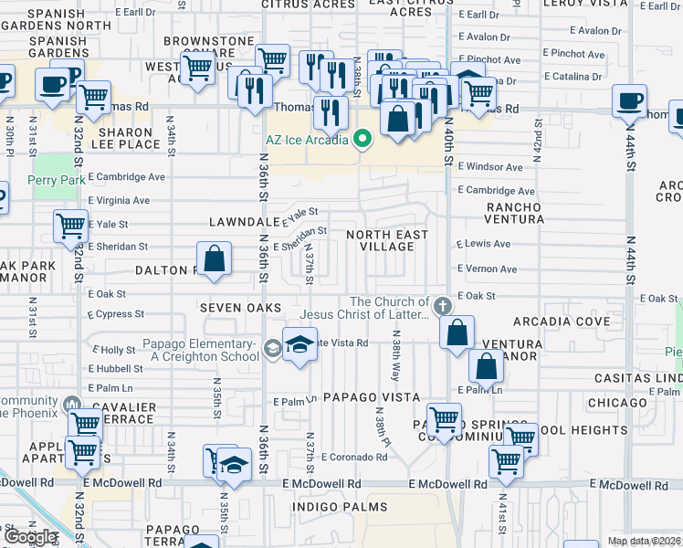 map of restaurants, bars, coffee shops, grocery stores, and more near 2402 North 37th Way in Phoenix