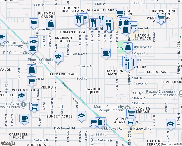 map of restaurants, bars, coffee shops, grocery stores, and more near 2323 North 28th Place in Phoenix