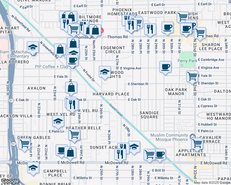 map of restaurants, bars, coffee shops, grocery stores, and more near 2635 East Harvard Street in Phoenix