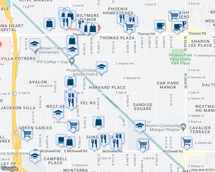map of restaurants, bars, coffee shops, grocery stores, and more near 2635 East Harvard Street in Phoenix