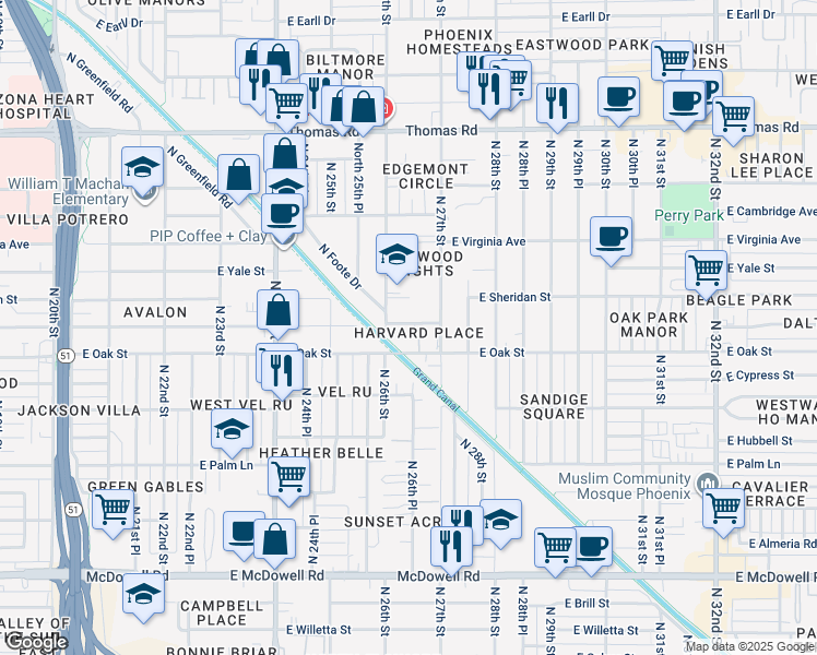 map of restaurants, bars, coffee shops, grocery stores, and more near 2635 East Harvard Street in Phoenix