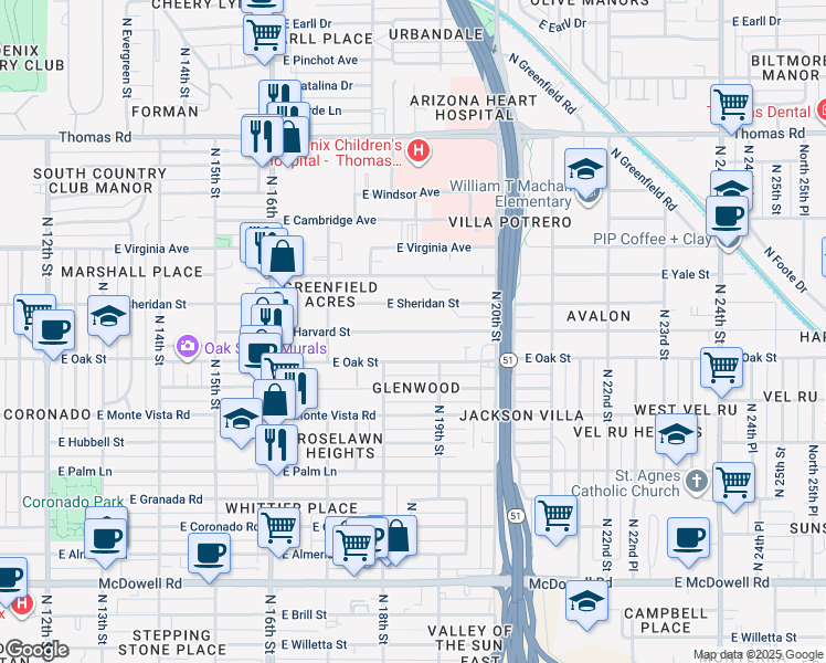 map of restaurants, bars, coffee shops, grocery stores, and more near 1822 East Harvard Street in Phoenix