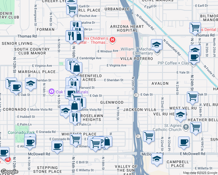 map of restaurants, bars, coffee shops, grocery stores, and more near 1822 East Harvard Street in Phoenix