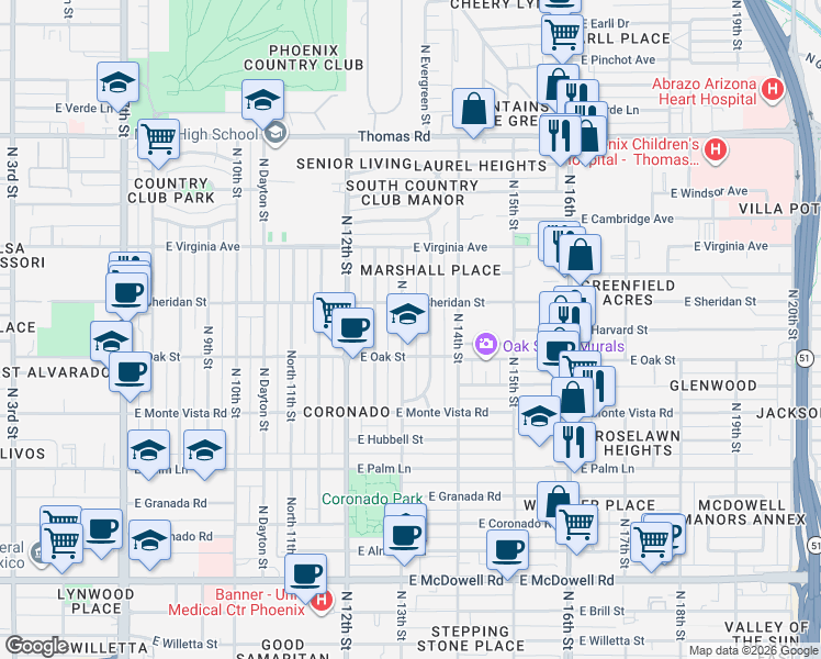 map of restaurants, bars, coffee shops, grocery stores, and more near 2326 North 13th Street in Phoenix