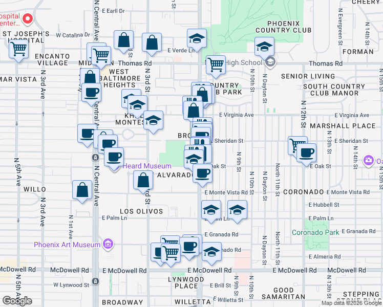 map of restaurants, bars, coffee shops, grocery stores, and more near 375 E Sheridan St in Phoenix