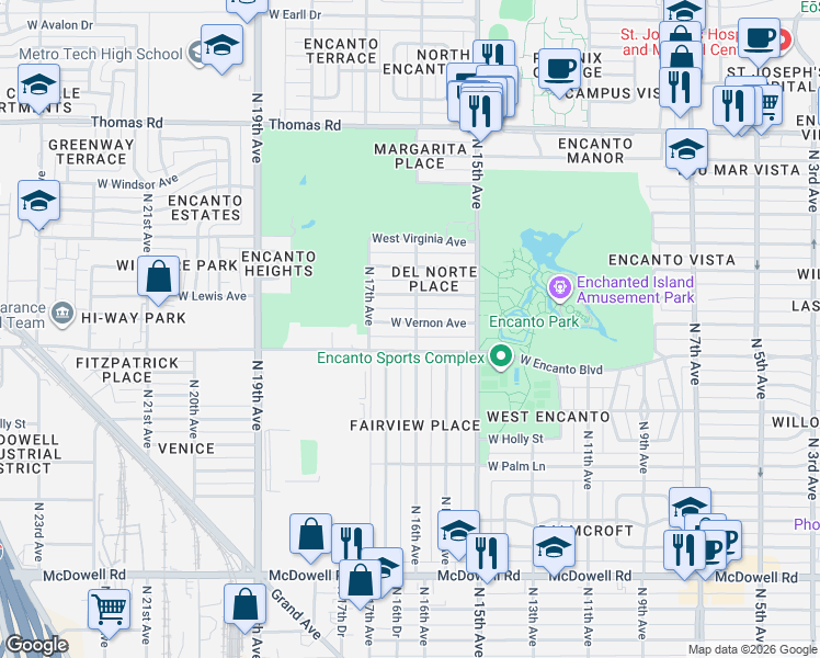 map of restaurants, bars, coffee shops, grocery stores, and more near 1551 West Vernon Avenue in Phoenix