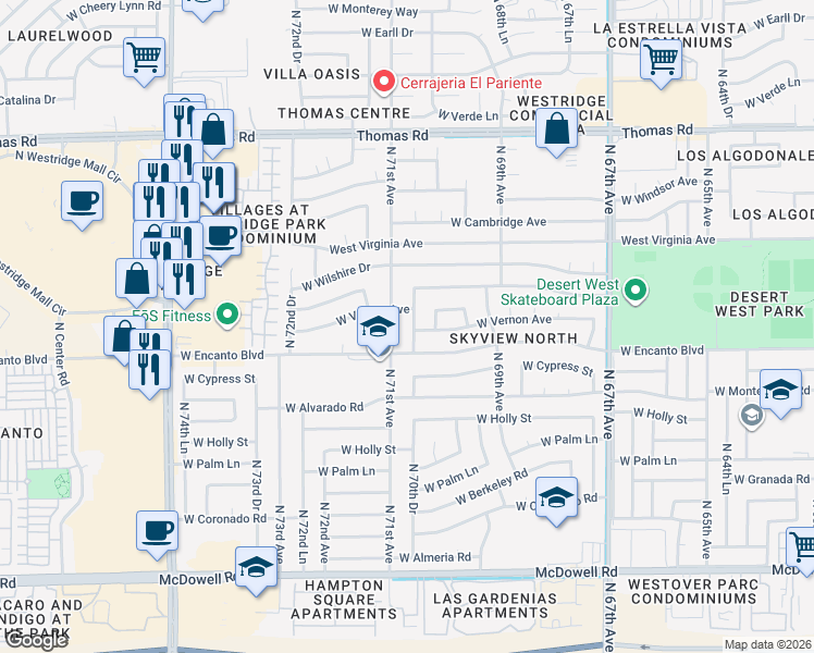 map of restaurants, bars, coffee shops, grocery stores, and more near 2326 North 71st Avenue in Phoenix