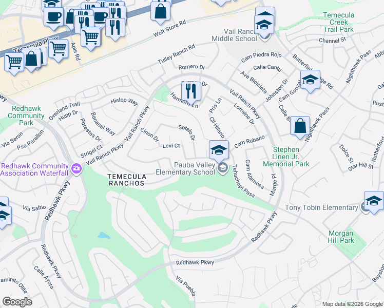 map of restaurants, bars, coffee shops, grocery stores, and more near 44864 Fern Circle in Temecula