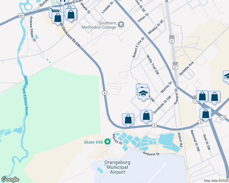 map of restaurants, bars, coffee shops, grocery stores, and more near 225 Folly Road in Orangeburg