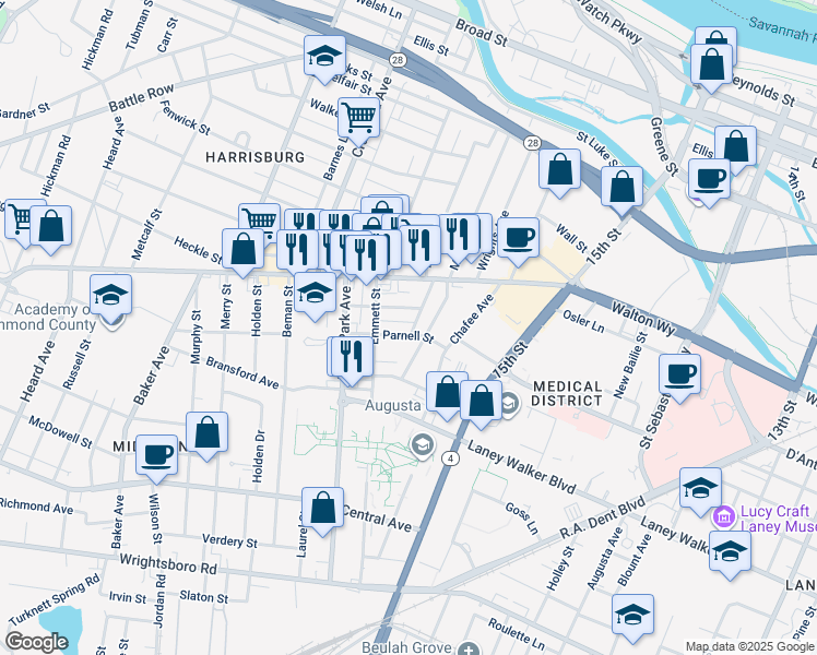 map of restaurants, bars, coffee shops, grocery stores, and more near 1611 Parnell Street in Augusta
