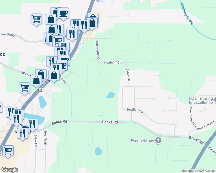 map of restaurants, bars, coffee shops, grocery stores, and more near 235 Huntington Court in Fayetteville