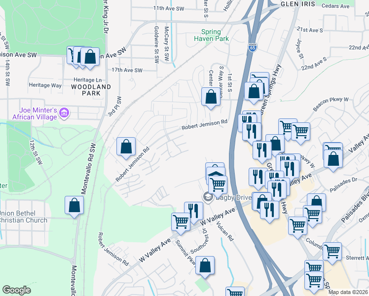 map of restaurants, bars, coffee shops, grocery stores, and more near Skyview Drive in Birmingham