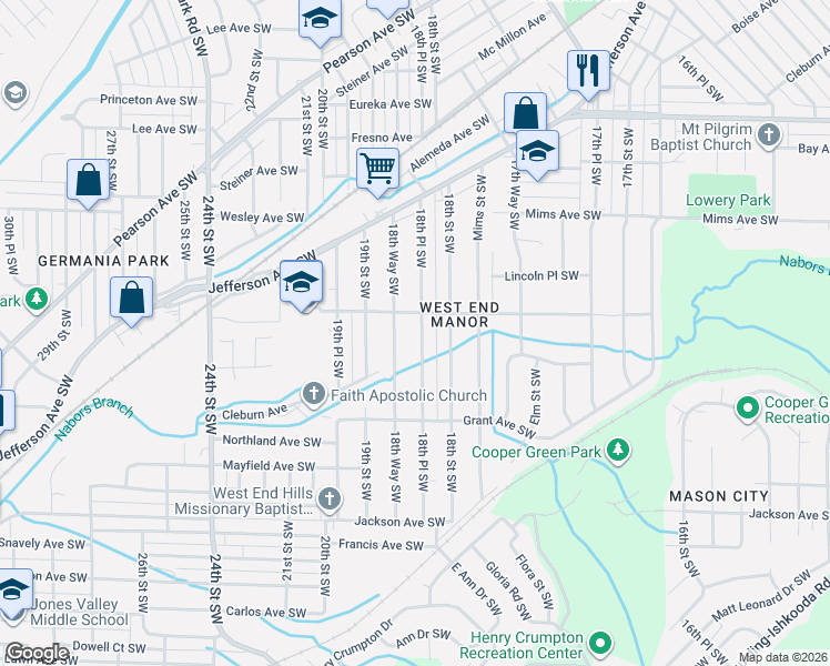 map of restaurants, bars, coffee shops, grocery stores, and more near 1412 18th Place Southwest in Birmingham