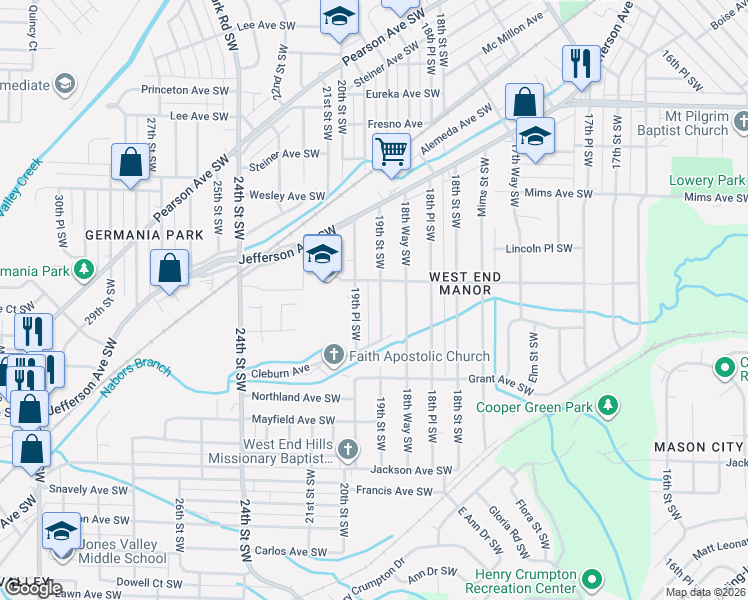 map of restaurants, bars, coffee shops, grocery stores, and more near 1417 19th Street Southwest in Birmingham