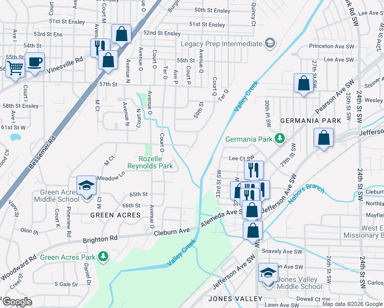map of restaurants, bars, coffee shops, grocery stores, and more near 1560 Meadow Lane in Birmingham