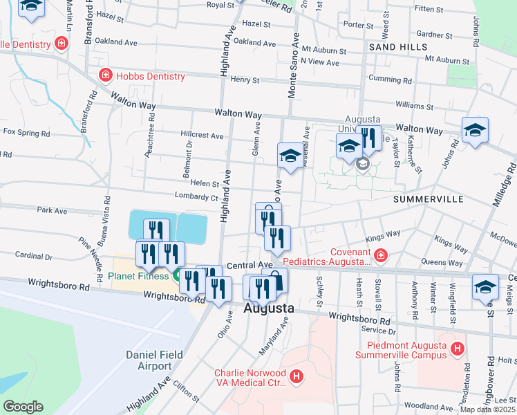 map of restaurants, bars, coffee shops, grocery stores, and more near 1314 1/2 Glenn Avenue in Augusta