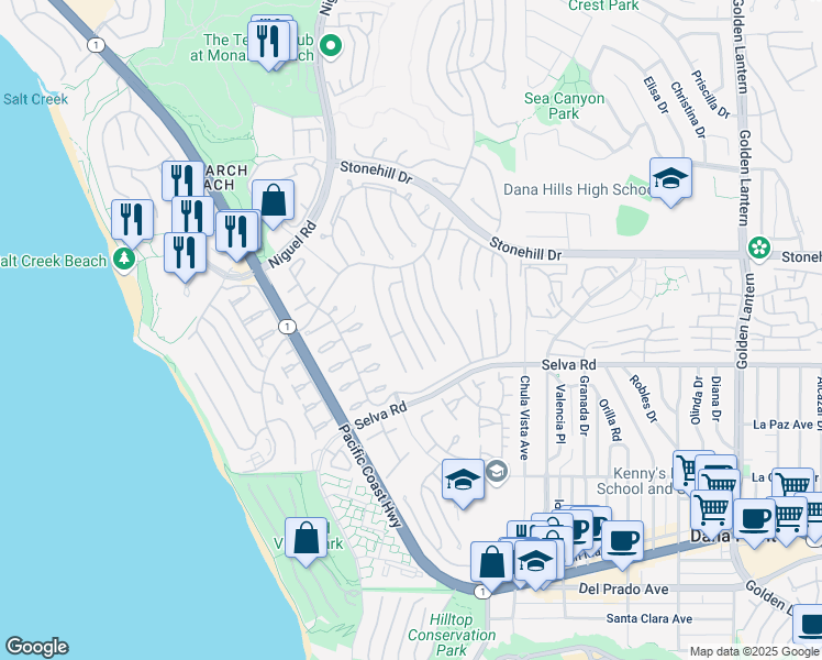 map of restaurants, bars, coffee shops, grocery stores, and more near 33671 Windlass Drive in Dana Point