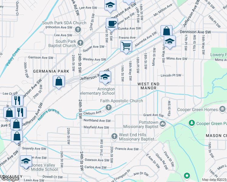 map of restaurants, bars, coffee shops, grocery stores, and more near 1416 19th Place Southwest in Birmingham