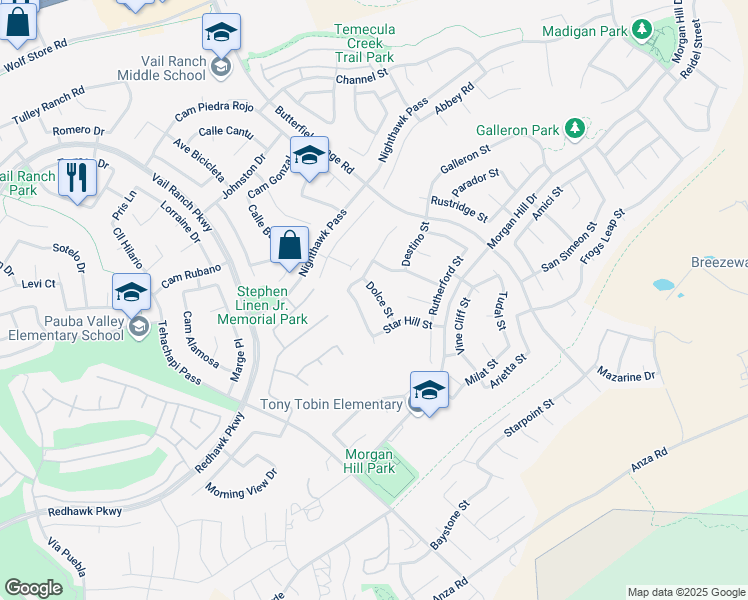 map of restaurants, bars, coffee shops, grocery stores, and more near 44957 Dolce Street in Temecula