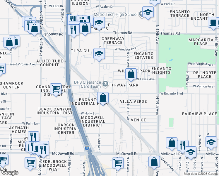 map of restaurants, bars, coffee shops, grocery stores, and more near 2222 West Encanto Boulevard in Phoenix